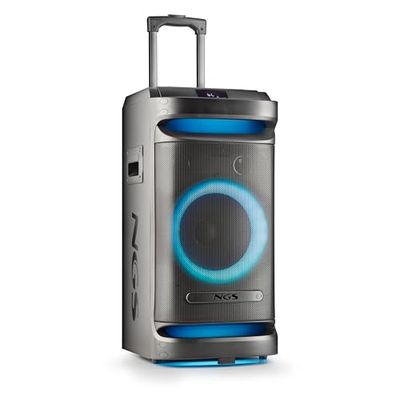 NGS Wild Space 1 - Enceinte Portable 900W Bluetooth 5.3, TWS, 10" Woofer Rechargeable Lumières LED RGB Double Microphone Entrée USB/AUX, Roues et Chariot, Télécommande, Fonction Xdrive Couleur Noire