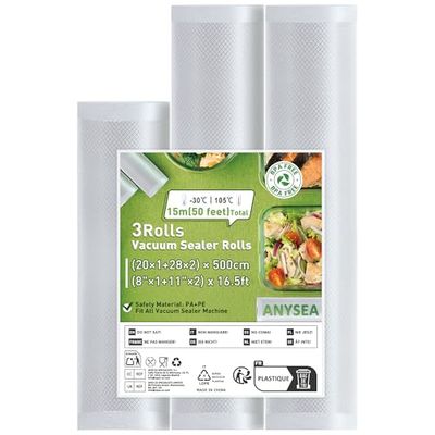 Anysea Sacchetti Sottovuoto Alimenti 3 Rotoli:20x1/28x2/x500 cm Buste Sottovuoto Alimenti Senza BPA, Rotolo Sottovuoto Alimenti Goffrati per Conservazione Alimenti e Macchina Sottovuoto