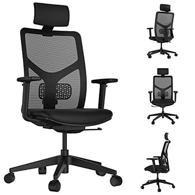 KLIM K400 Office Chair Ergonomische bureaustoel, zacht zitkussen en stof, inclusief hoofdsteun, max. 135 kg en 180 cm, verstelbare stoel voor kantoor en thuis