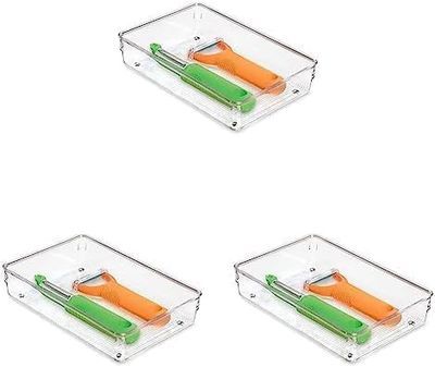 iDesign Cutlery Tray Drawer, Large Kitchen Drawer Insert, Practical organiser for Kitchen Utensils, Clear (Pack of 3)