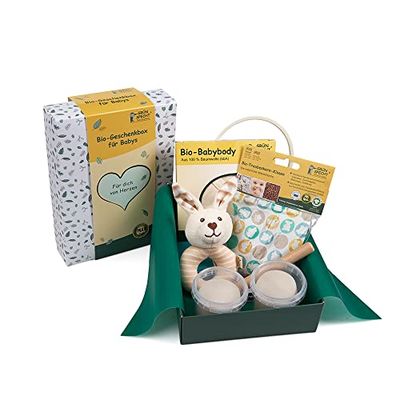 GRÜNSPECHT GB-004 Coffret cadeau bio pour bébé avec coussin chauffant bio, hochet en tissu biologique, kit d'impression bio et body bio Cadeau de naissance, fête prénatale