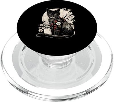 Diseño retro japonés samurái ninja gato kawaii tatuaje PopSockets PopGrip para MagSafe