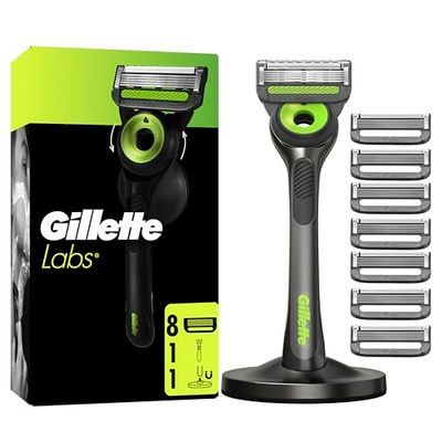 GilletteLabs Maquinilla De Afeitar Neon Night Edition Con Recambios, 1 Mango Con Barra Exfoliante Integrada, 8 Cuchillas Con Banda Lubricante, 1 Soporte Magnético