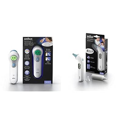 Braun No Touch + forehead thermometer (Position Check, color-coded fever guidance), BNT300 & ThermoScan 3 Ear thermometer (professional accuracy, audio fever indicator reliable) IRT3030