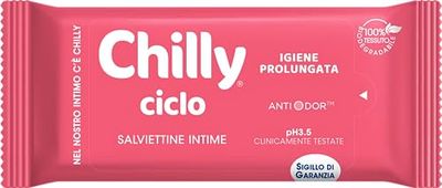 Chilly Cyclusreinigingsdoekjes, 100% biologisch afbreekbaar, ideaal voor onderweg, pH-waarde 3,5, klinisch getest, verpakking met 12 reinigingsdoekjes