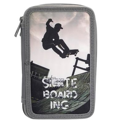 Idena 20123 – Triple Pencil Case with 3 Compartments with Zip, Skateboard Design, Pencil Case Filled with 47 Pieces, Grey, Multicoloured