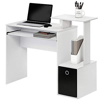 BAKAJI Bureau avec tiroir en Tissu, étagère supérieure, bibliothèque et Support pour Clavier, Amovible, pour Ordinateur Portable, en Bois MDF, pour Maison, Bureau, Chambre (Blanc)