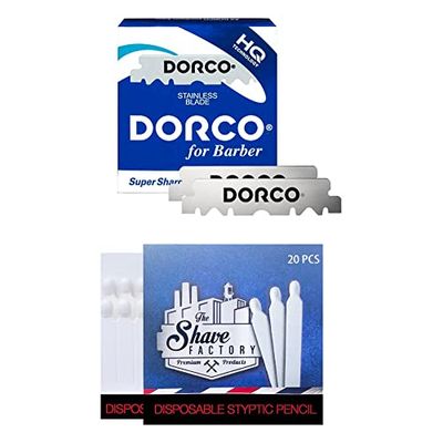 Dorco Cuchillas 100 Stainless Steel Single Edge Razor Blades + 20 cerillas hemostáticas Shave Factory