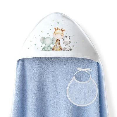 Interbaby - Capa de Baño Bebe Azul + Babero | Toalla Bebe con Capucha 100% Algodón, 100x100cm, Unisex | Suave, Cómoda, Ideal Recién Nacidos, Bebes y Niños Pequeños | Diseño Jirafa Elefante Estampado