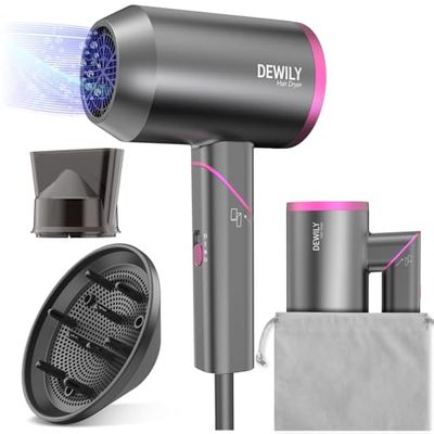 DEWILY Secador de pelo Viaje con Difusor，Secador de Viaje Iónico Profesional 1800W， Secadores Pequeño Potente，Mini secadores de pelo con Concentrador， 3 Temperaturas, Compact Plegable