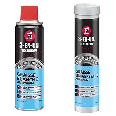 3-EN-UN Technique • Graisse Blanche au Lithium • Aérosol • Forte adhérence • Protection anticorrosion • Action longue durée • 250 ML & Technique • Graisse Universelle au Lithium • Cartouche • 400 G