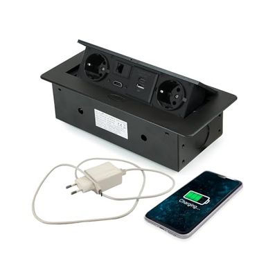 Multipresa da Scrivania a Scomparsa EU - Blocco Presa Multipla Schuko Elettrica USB A+C RJ45 HDMI, 3000W, 13A, Coperchio con Sollevamento Automatico, Nero, 265x120mm