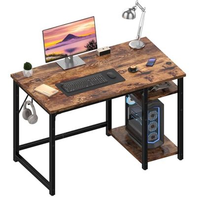 JUMMICO Bureau avec 2 Étagères Réglable 100cm, Bureau d‘Ordinateur avec Rangement, Structure Acier Solide, Postes de Travail Réversible à Gauche et à Droite, Marron Rustique