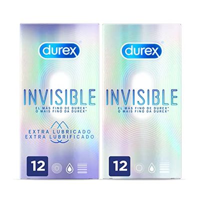 Durex Preservativos Invisibles Super Finos para Maximizar la Sensibilidad, el más fino de Durex* 12 condones + Durex Preservativos Invisible Extra Lubricado, 12 condones