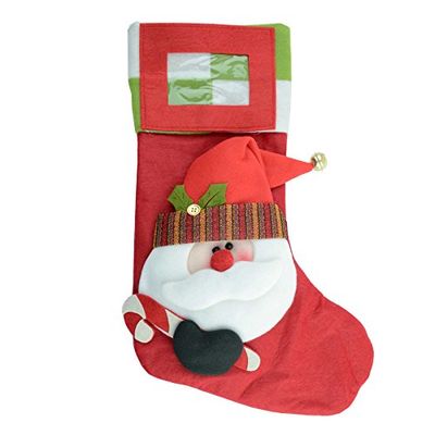 SHATCHI 5320 Large 50 cm Long Traditional Personalised 3D Santa Stocking Sack Socks Gifts Bag Face and Bell with Photo Pocket Xmas Home Toys Sweets Fun Hand Decorated, Felt, red