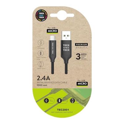 Zwarte nylon kabel (USB-A naar micro-USB), 1 m: robuust en elegant, deze gevlochten nylon kabel biedt duurzaamheid en stijl, ideaal voor efficiënt opladen en gegevensoverdracht.