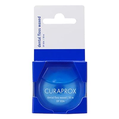 Curaprox seda dental DF 834, seda dental encerada, Curen microfibra, encerada con menta para espacios estrechos, blanca, 50 m