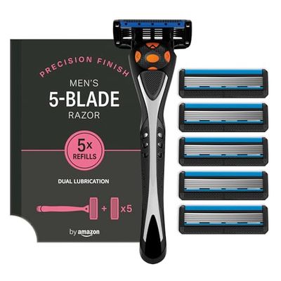 by Amazon Men's 5 Blade Razor with Flex-Pro Technology, Lubricating Strip, and 6 Refills, Black