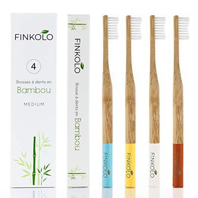 Cepillos de Dientes de Bambú Natural Orgánico Ecológico Compostable Biodegradable por Finkolo | Pack de 4 colores diferentes | Cerdas de Nylon DuPont | Cepillado Suave