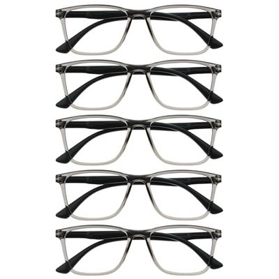 OPULIZE NYX Blue Light Blocking Reading Glasses - Anti-Glare Computer and Gaming Eyewear - 5 Pack - UV and Eyestrain Protection - Rectangular Frame - Grey - Men Women - + 1.00