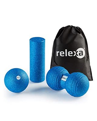 relexa Set de entrenamiento de fascia mini de 4 piezas, con rodillo fascial y bola de fascia, automasaje plano y puntual, incluye eBook de fascias, color azul