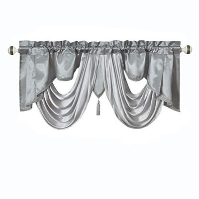 GOHD Valarie Cantonnière de fenêtre Fantaisie. 137,2 cm x 45,7 cm Tissu Taffetas avec Ruban en Satin Doux Ajoute Une Touche Royale Luxueuse à Votre intérieur Gris.
