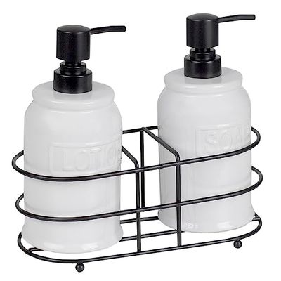 Home Basics Distributeur de 3 pièces en céramique émaillée gaufrée avec Double Compartiment en métal pour Savon Liquide, Lotion, shampooing, huiles essentielles, Acier, Blanc