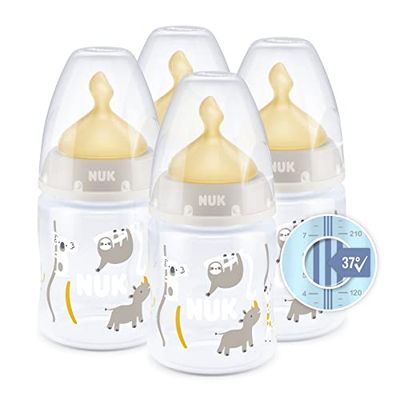 NUK First Choice+ set med babyflaskor | 0-6 månader | temperaturkontroll | anti-kolikventil | 150 ml | BPA-fri | Latexdinapp | Safari (beige) | 4 stycken