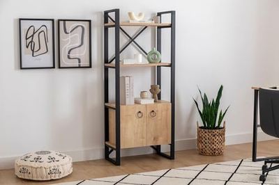 Hanah Home Industriële boekenplank, saffier & zwart, 64 x 160 x 32 cm, 100% melamine gecoat deeltjesbord, 18 mm dik, stevig metalen frame, stijlvolle opbergoplossing voor moderne ruimtes