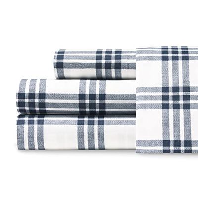 Eddie Bauer - Parure de lit en Percale de Coton, décoration d'intérieur Nette et fraîche (Carreaux Bleu Marine, lit Double)