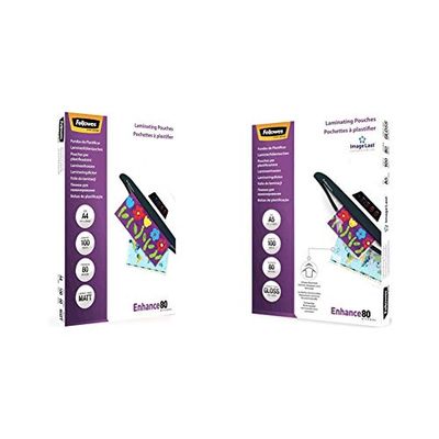 Fellowes A4 Laminating Pouch 80 Micron Matt (Pack of 100) & Enhance A5 80 Micron Laminating Pouches (Pack of 100), Transparent