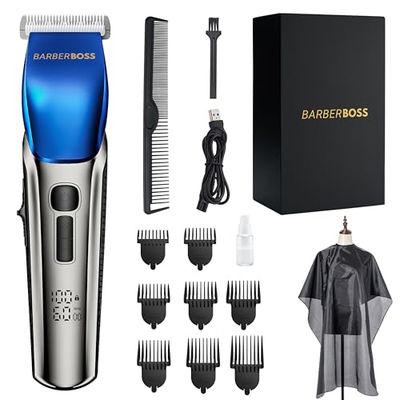 BarberBoss Hair Clippers Men, Beard Trimmer - 4 Speed Settings, Ceramic Blade, 8 Comb Attachments, LED Display, USB Charge, Waterproof, Hair Grooming Kit, QR-2083