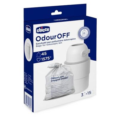 Chicco Odour Off zak, zak voor luiereters, telescopische vuilnisemmer, robuust drielaags materiaal, houdt vieze geurtjes op, 45 zakken, 15 x 3 cm