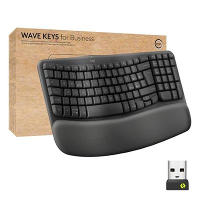 Logitech Wave Keys For Business, Tastiera Wireless Ergonomica con Supporto per I Polsi Imbottito, Grafite, Layout Tedesco QWERTZ