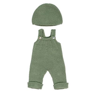Miniland Dolls: Set di vestiti da maglia, realizzato con materiali riciclati, per bambino, da 38 cm. Modello: Pettorina e cappello in verde.