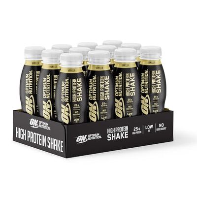 Optimum Nutrition High Protein Shake Bottles, Boisson saine prête à boire, sans sucres ajoutés, à faible teneur en matières grasses, goûter sportif pour hommes et femmes, goût vanille, 10x330ml