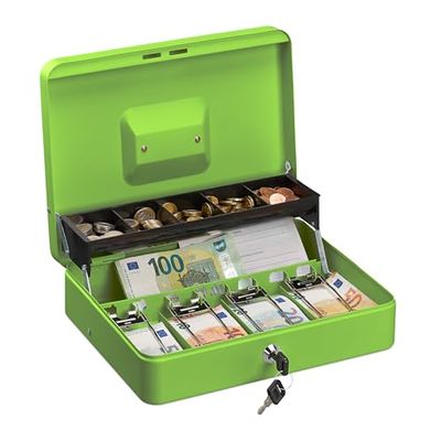 Relaxdays Cash Box, Coin Counter Tray Lockable Portable Change & Notes, H x W x D: 8.5 x 30.5 x 24.5 cm, Iron, Green