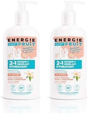 ENERGIE FRUIT | Masque + Après Shampoing | Monoï & Huile de Macadamia BIO | Cheveux Secs Abimés | Vegan | 300ml (Lot de 2)