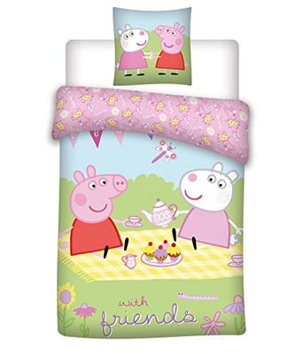 035 Peppa Pig beddengoed voor kinderen/beddengoed Baby Peppa Pig met vrienden, kussensloop 40 x 60 cm + beddengoed 100 x 135 cm, 100% katoen, Oeko-Tex