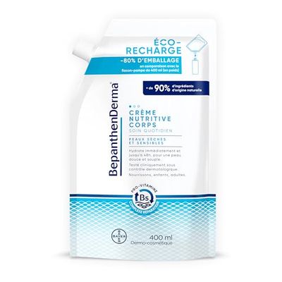 BepanthenDerma Crème Nutritive Corps - Soin quotidien peaux sèches et sensibles - Hydrate immédiatement et jusqu'à 48H* - Beurre de karité, Huile d'argan - éco-recharge 400ml