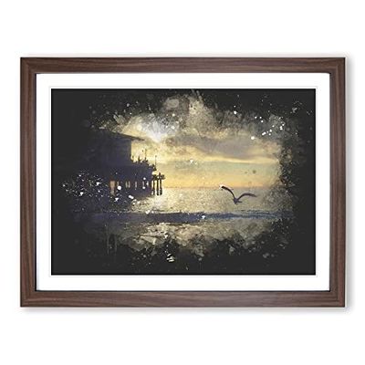 Seagull By The Pier Paint Splash Modern Art Framed Wall Art Print, Ready to Hang Picture for Living Room Bedroom Home Office Décor, Walnut A4 (34 x 25 cm)
