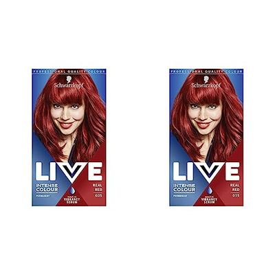 Schwarzkopf LIVE Intense Hair Colour, Permanent Red Hair Dye, Built-In Vibrancy Serum, Real Red 035 (Pack of 2)