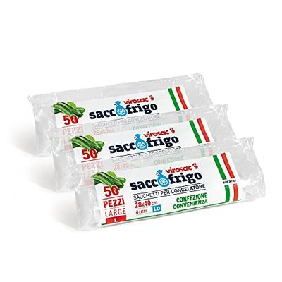 VIROSAC Sacco Frigo - Sacchetti per la Conservazione e la Congelazione Degli Alimenti, LDPE, Trasparente, 28 x 40, 50 Pezzi per Rotolo, Kit da 3 Rotoli,
