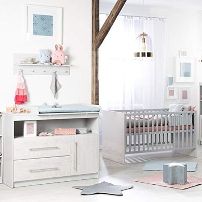 roba Chambre Bébé Duo Maren 2 - Lit Évolutif 70 x 140 cm + Commode à Langer - Gris Clair / Chêne Blanchi