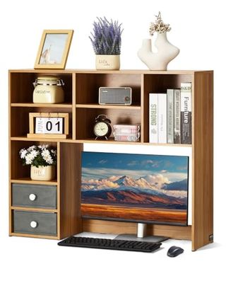 VEVOR Desktop Boekenplank, 3-Tier Houten Desktop Opslag Organizer, 37" x 10" x 31" Office Opslag Rack Houten Display Plank, Desktop Boekenplank Hutch met Twee Stoffen Laden, voor Kantoor, Thuis &