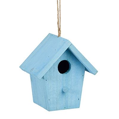 Relaxdays decoratie vogelhuis gekleurd, hout, klein vogelhuisje, lentedecoratie ophangen,HBD: 16x15x11 cm, blauw