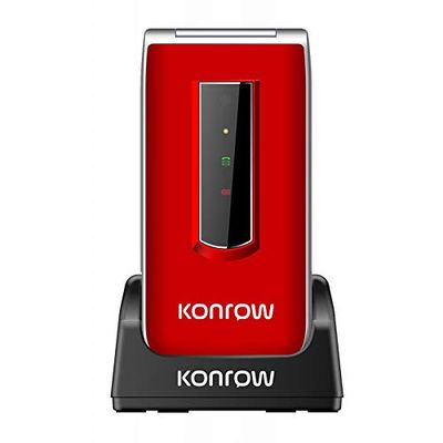 Konrow Senior C - Pantalla de 2,4 pulgadas, doble SIM, color rojo (base de carga incluida)