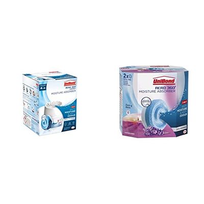 Unibond AERO 360 Compact Moisture Absorber, Ultra-Absorbent Dehumidifier, 1 Refill Tab 450g & UniBond AERO 360° Moisture Absorber Lavender Garden Refill Tab