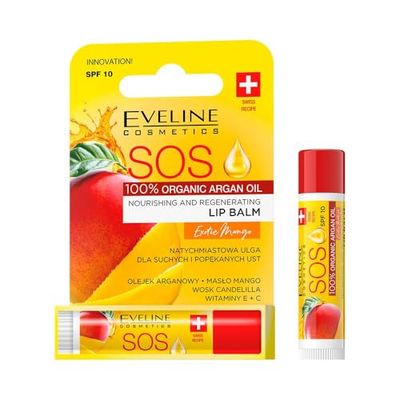 Eveline Cosmetics Eveline SOS Balsamo Labbra Mango Esotico - Nutriente e Rigenerante con Olio di Argan e Burro di Mango, Protezione SPF 10, Idratazione a Lungo Termine