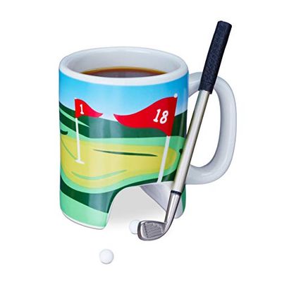 Relaxdays Filiżanka Golfowa z Kijami, Putter z Długopisem, 2 Piłeczki, Zabawny Prezent, Filiżanka Kawy, Kolorowa, 4-Częściowy Zestaw
